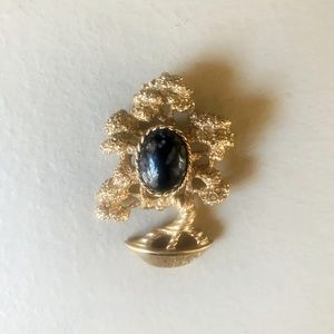 Vintage, Gold-Tone Bonsai Tree Brooch/Pin with Black Onyx Cabochon